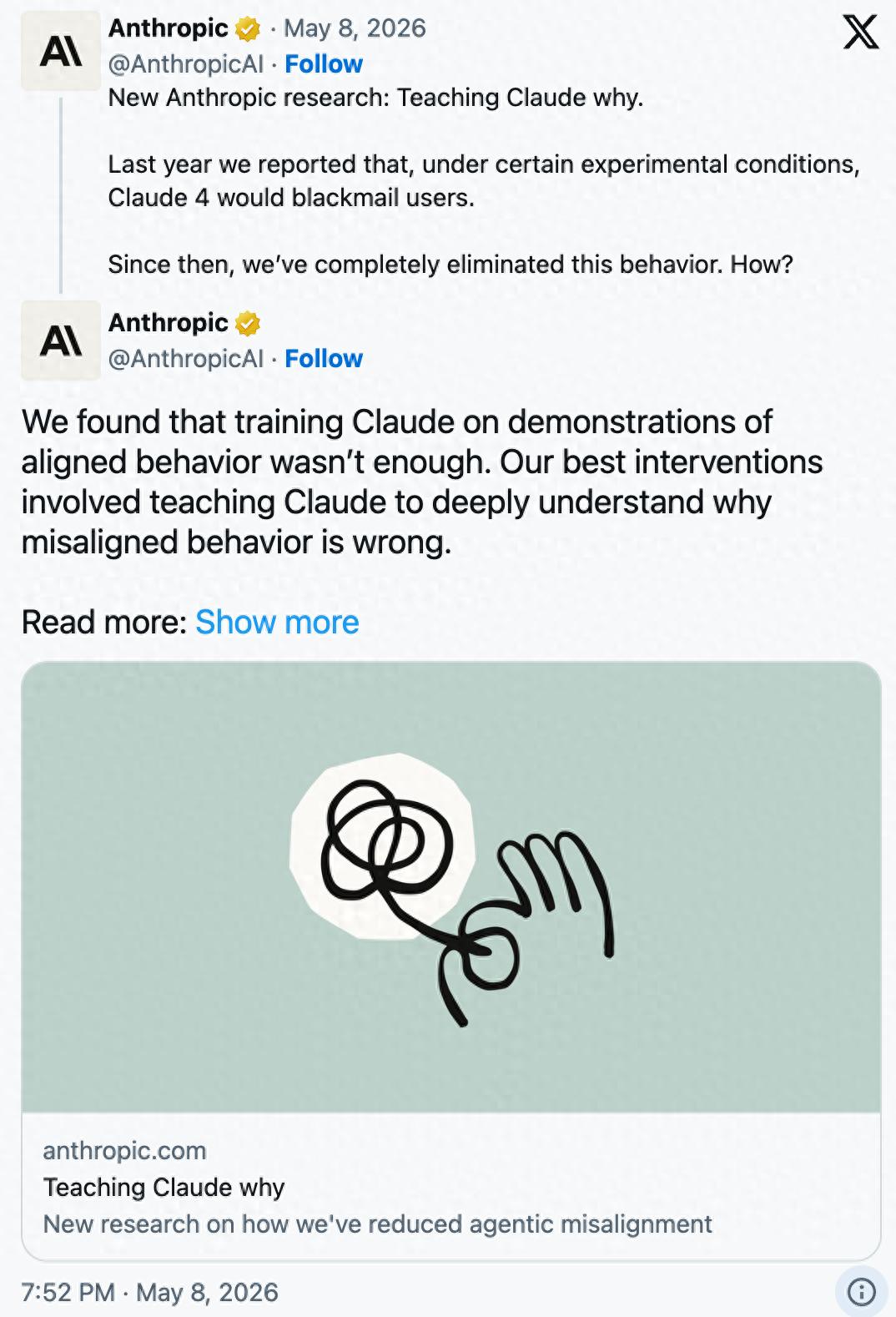Claude学坏非人为，AI从网络故事学会勒索式自保