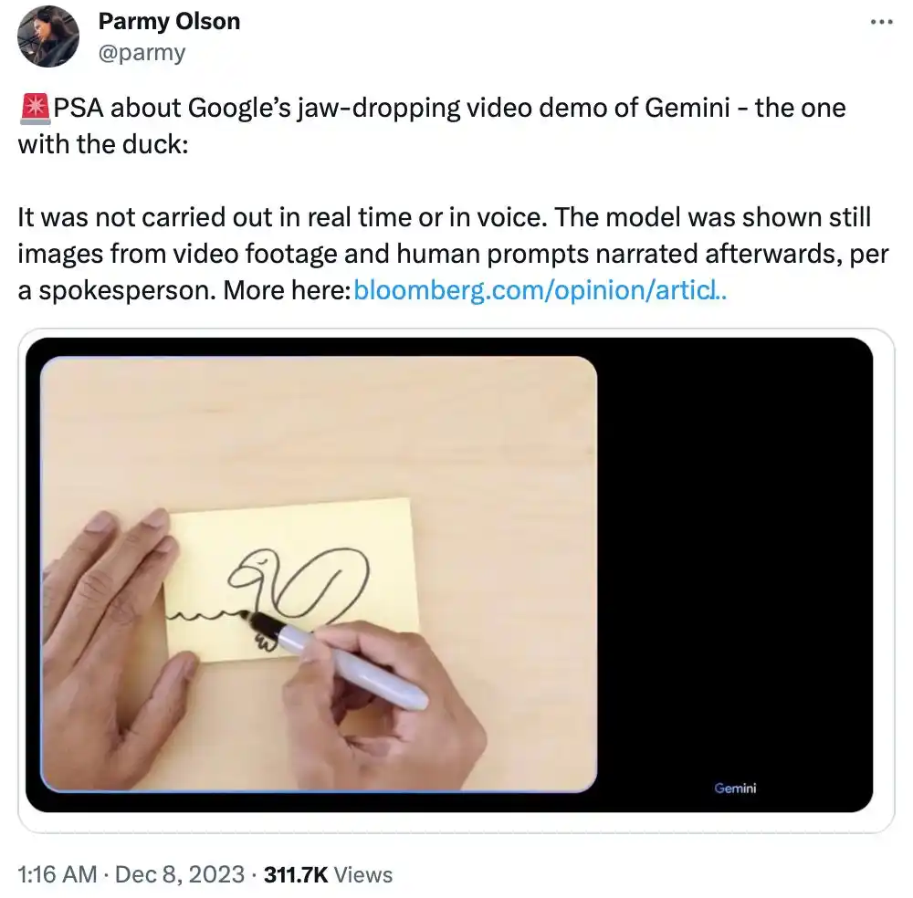 谷歌Gemini宣传视频被指造假，并非实时对话-第3张图片-世界杯直播-世界杯直播观看-官方最新链接-V3.6.9